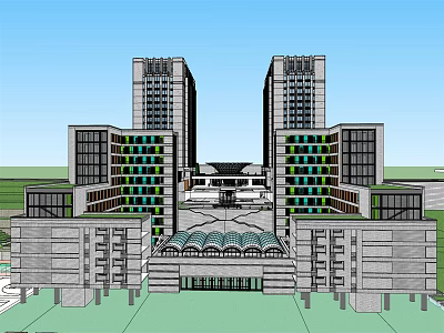 Modern Office Building Complex With Tall Twin Towers Glass Curtain Walls And Central Plaza 3d model