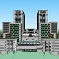 Modern Office Building Complex With Tall Twin Towers Glass Curtain Walls And Central Plaza