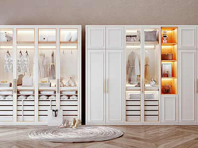 White Wardrobe Interior With Glass Doors Hanging Folded Clothes Shoes And Built In Lighting 3d model