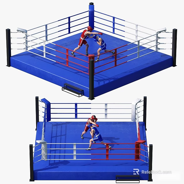 Intense Boxing Match Between Two Boxers In Red And Blue Outfits Inside Ring 3d model 