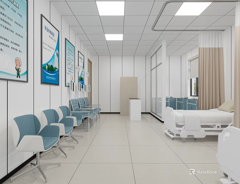 Hospital Waiting Area With Blue Chairs White Walls And Medical Posters 3d model 