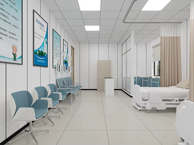 Hospital Waiting Area With Blue Chairs White Walls And Medical Posters 3d model
