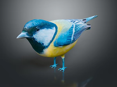 Vibrant Blue Yellow White Plumage Bird Standing On Black Surface With Visible Reflection 3d model