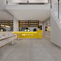 Bright Modern Milk Tea Shop Interior With Yellow Counter Seating Area And Display Shelves