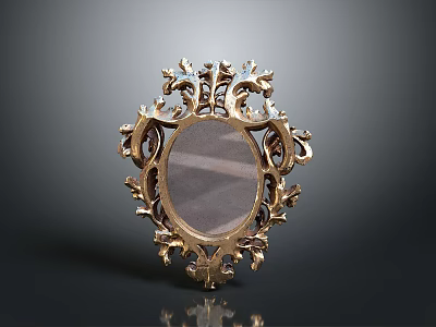 Ornate Golden Oval Mirror With Intricate Carved Frame And Floral Details 3d model