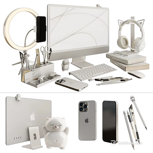 Sleek Desktop Computer Setup With Keyboard Mouse Headphones Tablet And Stationery 3d model 