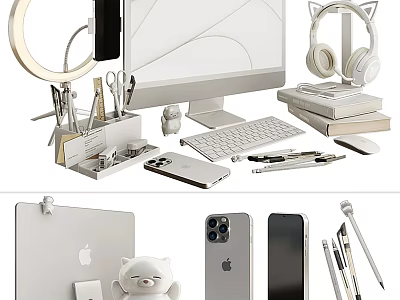 Sleek Desktop Computer Setup With Keyboard Mouse Headphones Tablet And Stationery 3d model