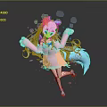 Cute Cartoon Child with Light Blue Hair Pink Dress Big Gloves and Fox Tail Dancing