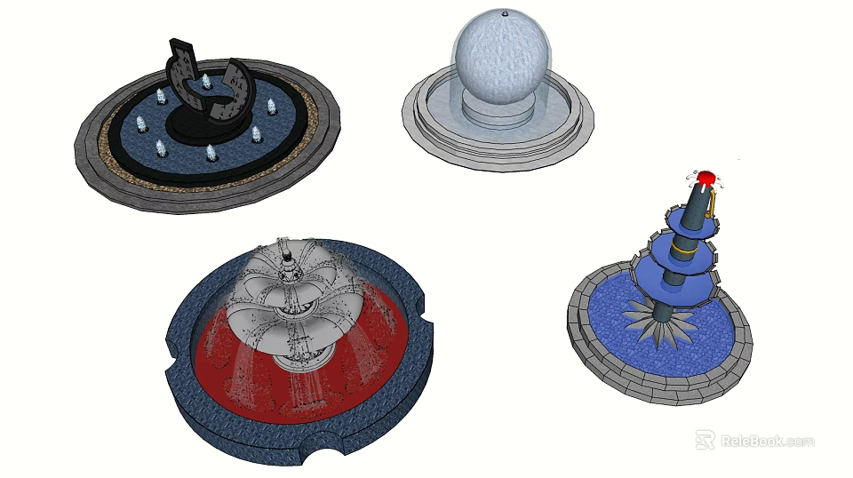 Various Decorative Fountain Designs With Circular Bases Spherical Tops And Multi Tiered Structures 3d model