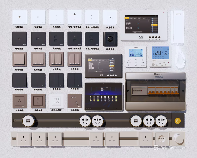 Modern Switch Panels With White Black Brown Colors Digital Control Screens And Sockets 3d model 