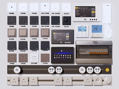 Modern Switch Panels With White Black Brown Colors Digital Control Screens And Sockets 3d model