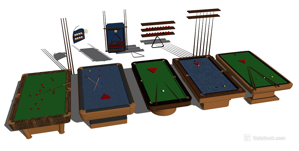 High Quality Billiard Sports Equipment With Multiple Tables Cues Racks And Colored Surfaces 3d model 