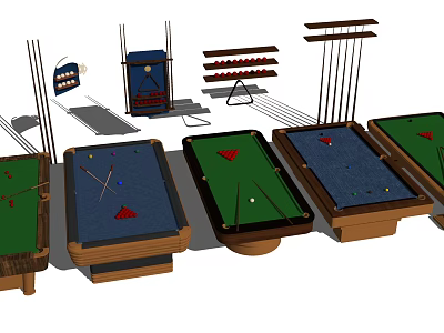 High Quality Billiard Sports Equipment With Multiple Tables Cues Racks And Colored Surfaces 3d model