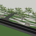 Park Landscape With Lush Trees Winding Pathway Decorative Rocks And Green Grass