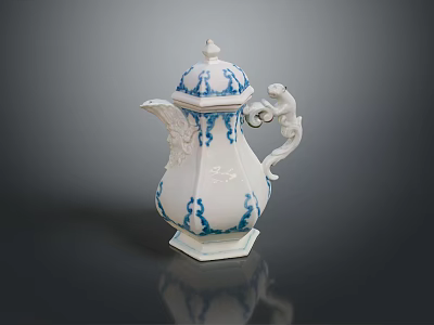 Blue And White Ceramic Teapot With Decorative Patterns Lid And Dragon Shaped Handle 3d model