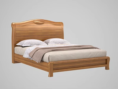 Wooden Double Bed with Carved Headboard Two Pillows and Blanket Classic Frame 3d model