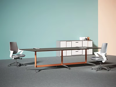 Modern Conference Table With Ergonomic Office Chairs Storage Cabinet And Gray Carpet 3d model