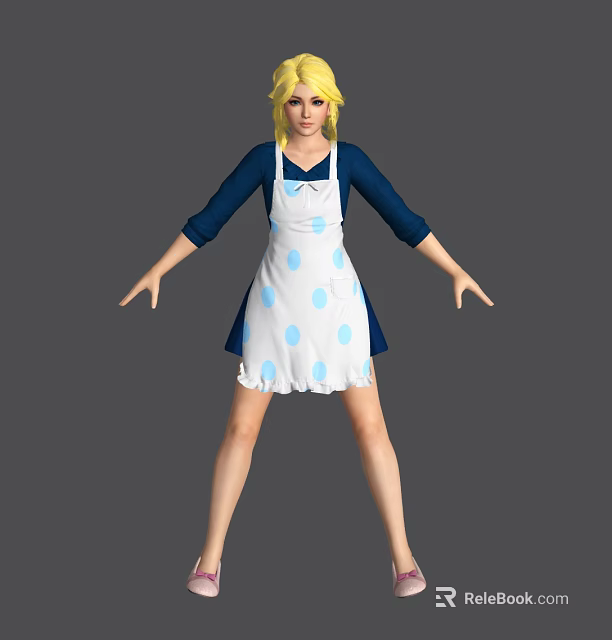 Animated Blonde Female Game Movie Character With Blue Top And White Polka Dot Apron 3d model 