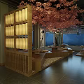 Traditional Japanese Restaurant Interior With Wooden Ceiling Washi Lanterns Wave Mural And Green Plants