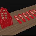 Red Decorative Tags With White Circular Patterns In Red Box On Wooden Table 3d model