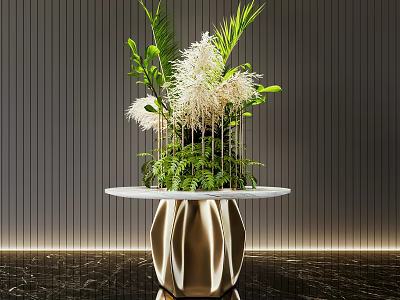 Bonsai Potted Plant With Gold Geometric Base And White Round Tabletop On Black Marble Floor 3d model