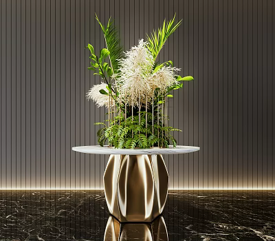 Bonsai Potted Plant With Gold Geometric Base And White Round Tabletop On Black Marble Floor 3d model