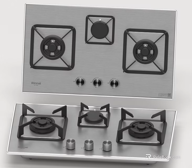Rinnai Stainless Steel Gas Stove With Three Burners And Control Knobs For Kitchen 3d model 