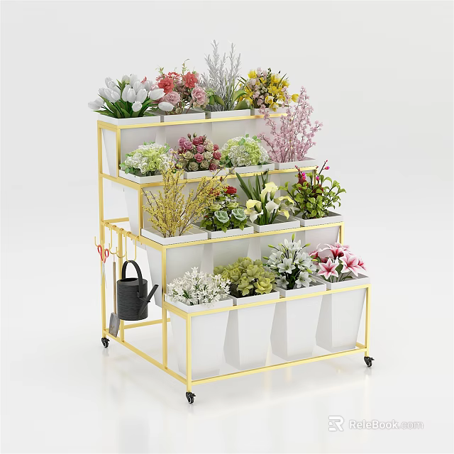 Tiered Garden Planter Stand With Gold Frame White Pots And Colorful Flowers 3d model 