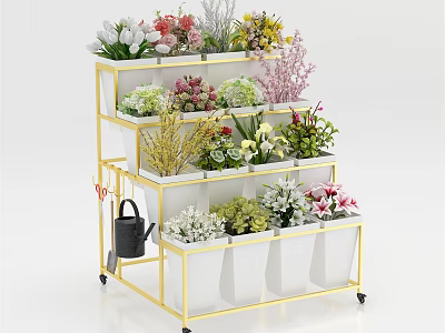 Tiered Garden Planter Stand With Gold Frame White Pots And Colorful Flowers 3d model
