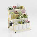Tiered Garden Planter Stand With Gold Frame White Pots And Colorful Flowers