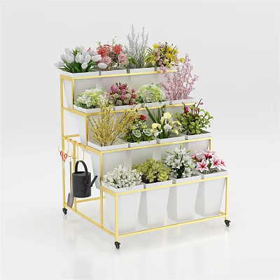 Tiered Garden Planter Stand With Gold Frame White Pots And Colorful Flowers 3d model