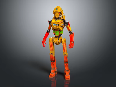 Futuristic Yellow Humanoid Robot With Mechanical Armor And Orange Red Accents 3d model