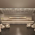 Modern Restaurant Interior With White Seats Counter Menu Board And Decorative Plant