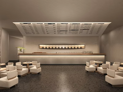 Modern Restaurant Interior With White Seats Counter Menu Board And Decorative Plant 3d model