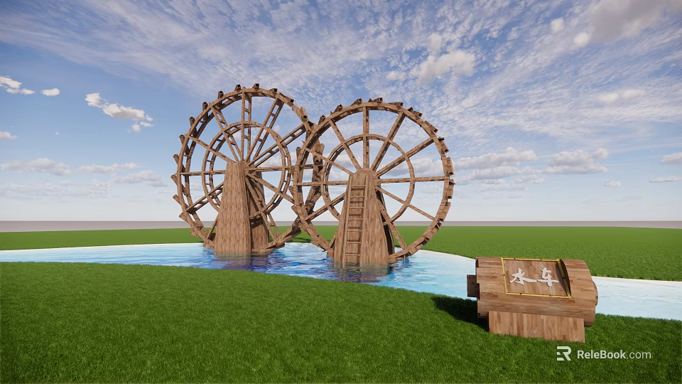 Garden Ornaments With Large Wooden Water Wheels In Water Pool Green Grass And Wooden Sign 3d model 