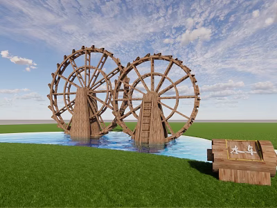 Garden Ornaments With Large Wooden Water Wheels In Water Pool Green Grass And Wooden Sign 3d model