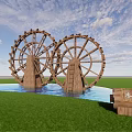 Garden Ornaments With Large Wooden Water Wheels In Water Pool Green Grass And Wooden Sign