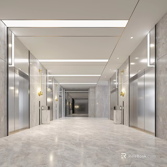 Spacious Modern Elevator Lobby With Marble Walls Metal Doors And Recessed Lighting 3d model 