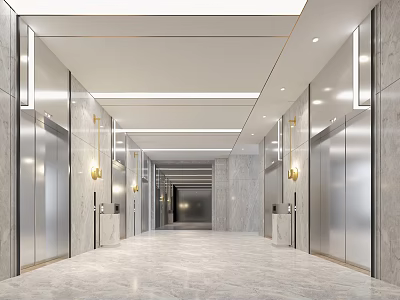 Spacious Modern Elevator Lobby With Marble Walls Metal Doors And Recessed Lighting 3d model