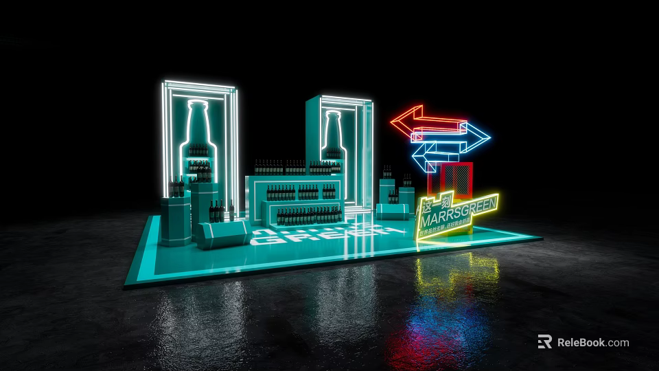 Illuminated Neon Display With Bottle Shaped Structures And Arrow Signs 3d model