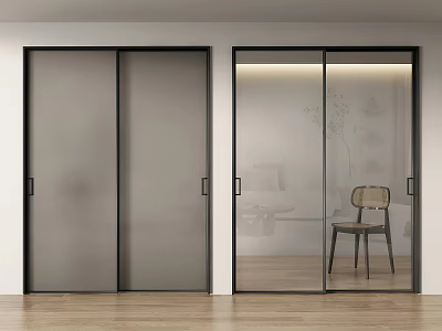 Modern Black Frame Sliding Doors with Frosted and Clear Glass in Interior Design 3d model