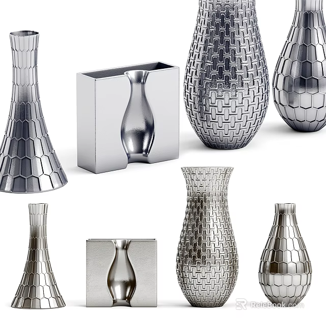 Modern Silver Vases With Intricate Textures And Various Shapes For Floral Decor 3d model 