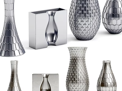 Modern Silver Vases With Intricate Textures And Various Shapes For Floral Decor 3d model