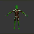Green Man In Red And White Tight Suit With Arms Outstretched Standing Against Gray Background