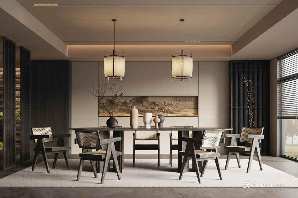 Modern Restaurant Interior With Wooden Dining Table Chairs Hanging Lamps And Wall Art 3d model 