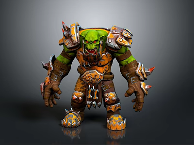 Green Skinned Fantasy Orc Warrior In Spiked Armor With Orange Details 3d model