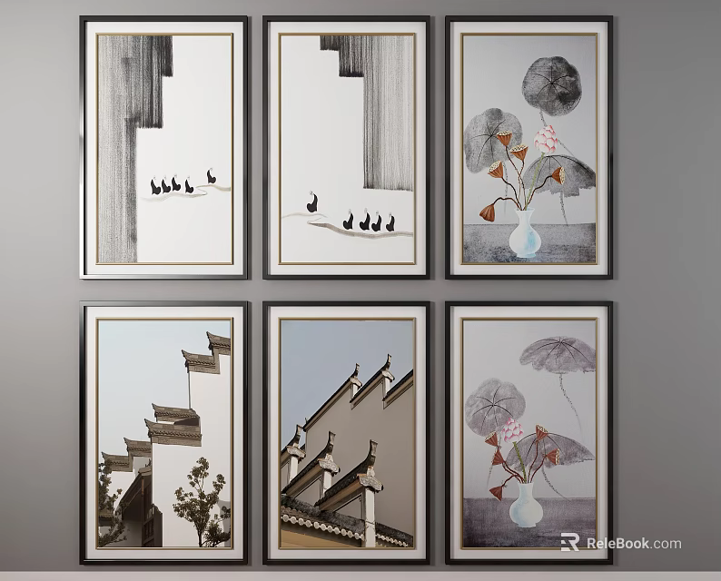 Six Framed Ink Paintings Wall Art with Birds Traditional Architecture Lotus and Vase 3d model 