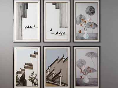 Six Framed Ink Paintings Wall Art with Birds Traditional Architecture Lotus and Vase 3d model