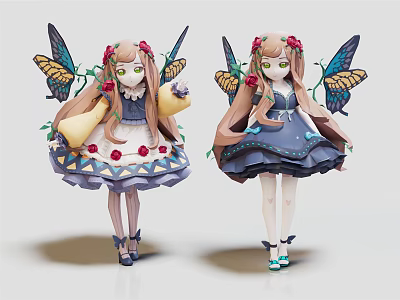 Two Girls Characters With Butterfly Wings And Flower Adorned Hair In Dresses Holding Scrolls 3d model