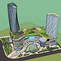 Modern Office Building Twin Towers With Green Roof And Central Plaza Garden